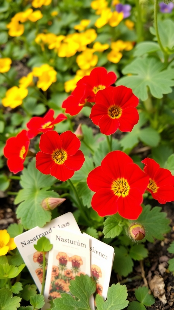 Bright red and yellow nasturtium flowers with seed packets in a garden setting.