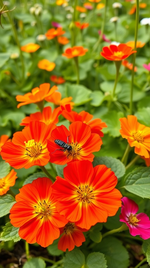 Vibrant nasturtium flowers in shades of orange and yellow with a bee on one of the blooms.