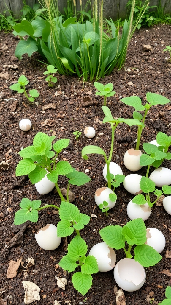 Green plants with white flowers in soil, surrounded by eggshells