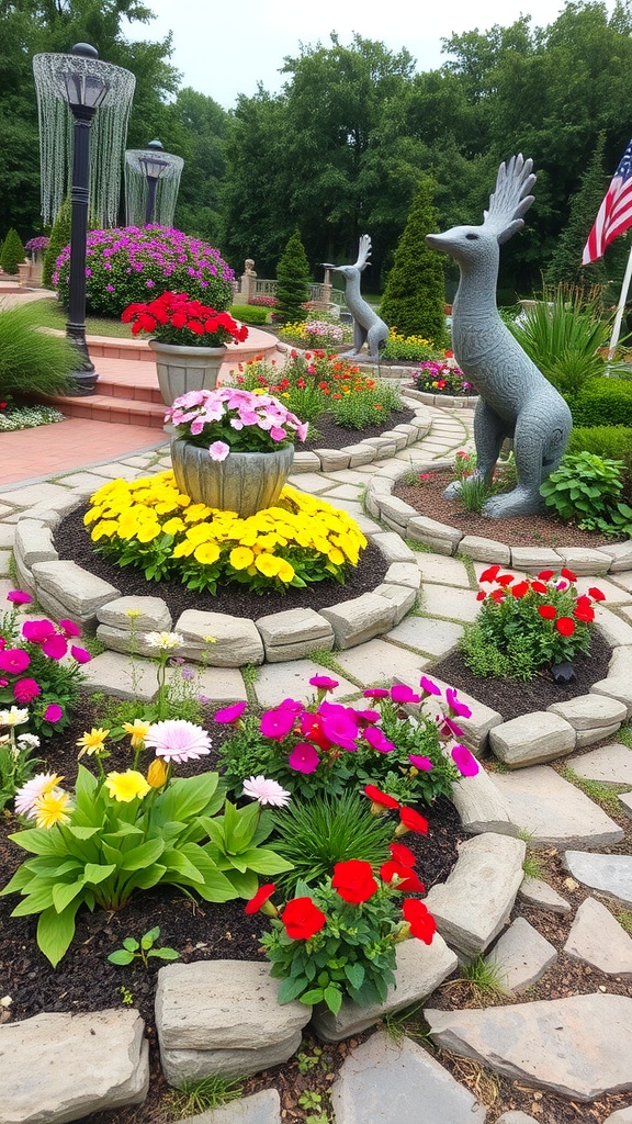 A beautifully landscaped garden featuring natural stone borders and colorful flower beds.