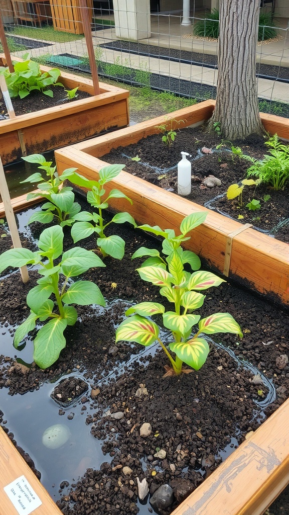 Raised bed garden with water pooling around plants.