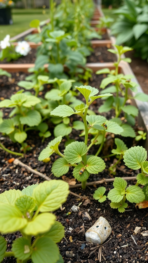 A close-up view of a raised bed garden with green plants and a beetle on one of the leaves.