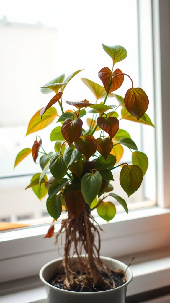 A Pothos plant with vibrant green and reddish leaves, showing healthy roots in a pot by a window.