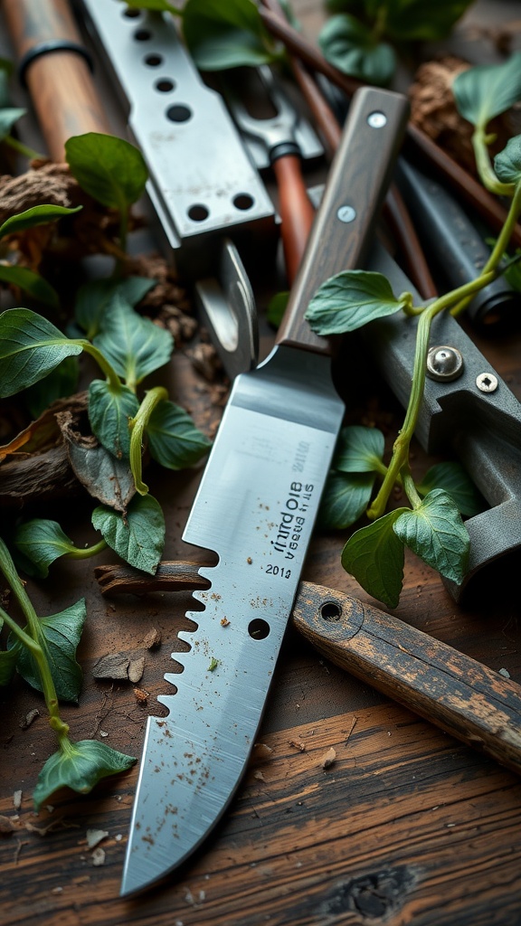 A close-up of a clean knife among gardening tools, surrounded by Pothos cuttings and wood shavings.