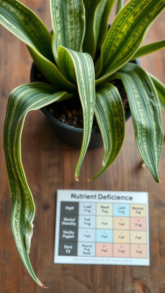 A healthy snake plant with a nutrient deficiency guide below it.