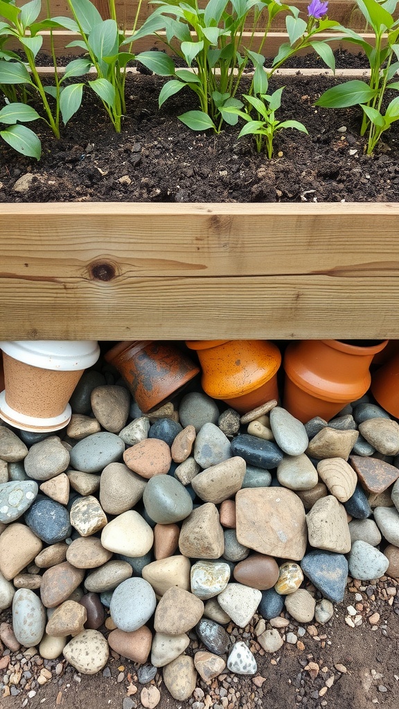 Image showing old broken pots and rocks used in the bottom of a raised garden bed for drainage.