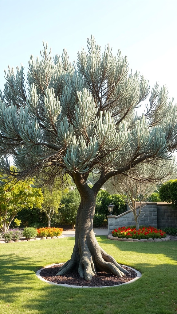 A beautiful olive tree with a twisted trunk and silvery-green leaves in a landscaped yard.