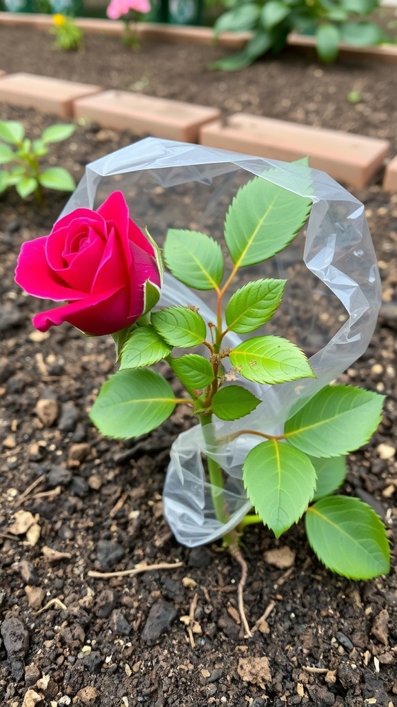 A vibrant pink rose cutting with a protective plastic cover in a garden bed.