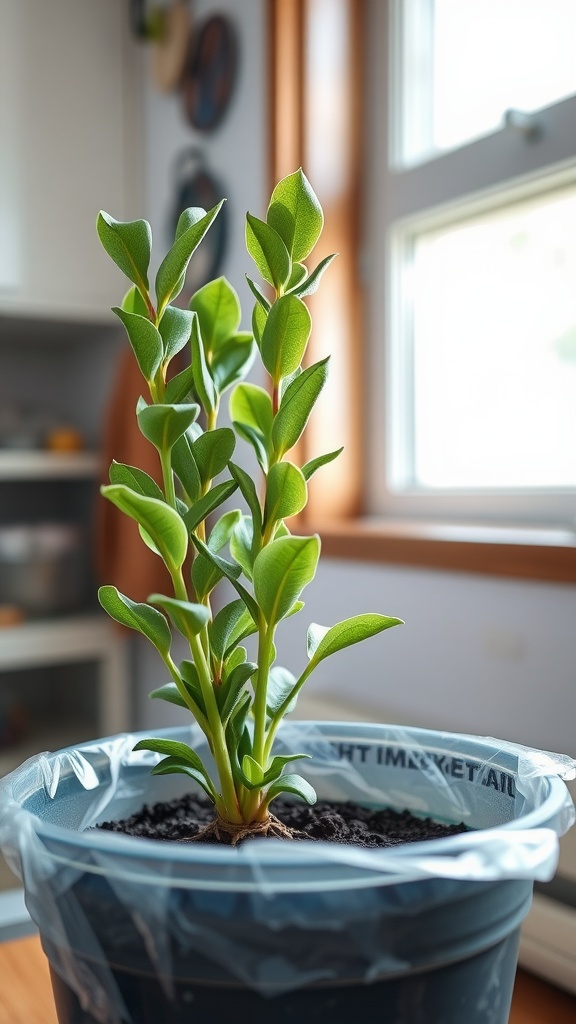 A young sage plant with green leaves in a pot, covered with plastic to maintain humidity.