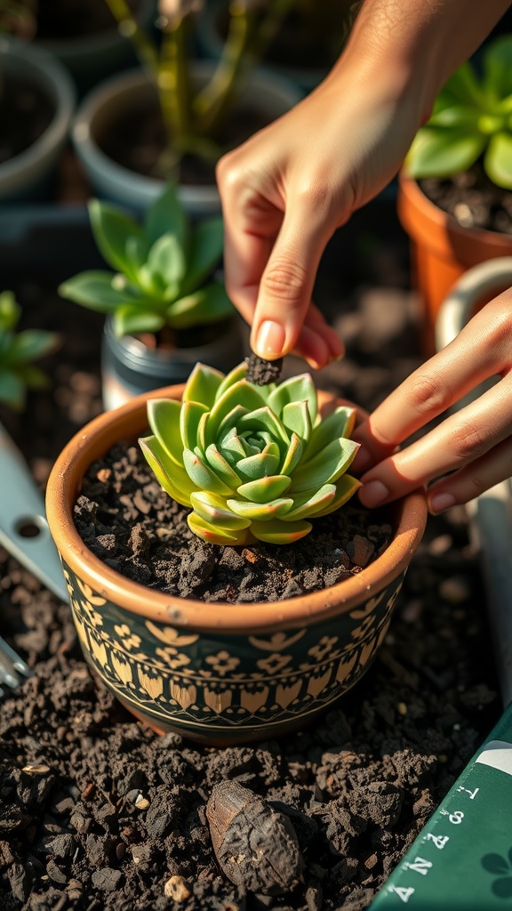 Person transplanting a succulent into a patterned pot with soil.