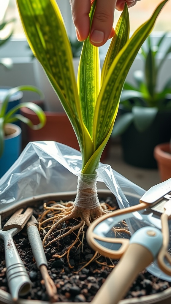 A hand gently touching the leaves of a Snake Plant with visible roots and a plastic cover around the base.