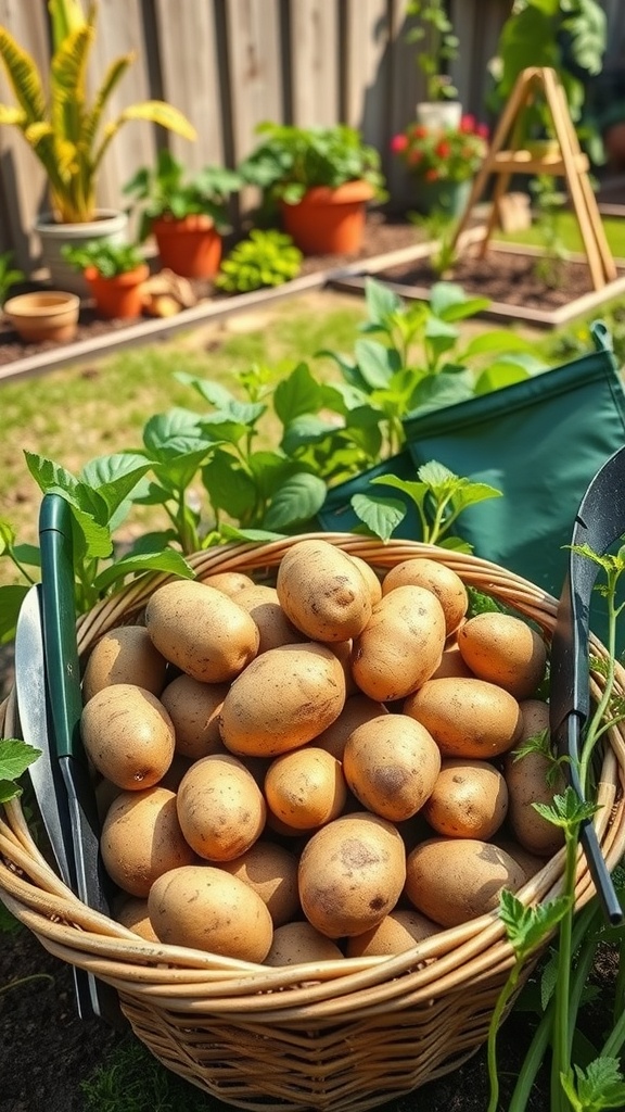 Basket of healthy, disease-free seed potatoes with gardening tools in a vibrant garden setting.