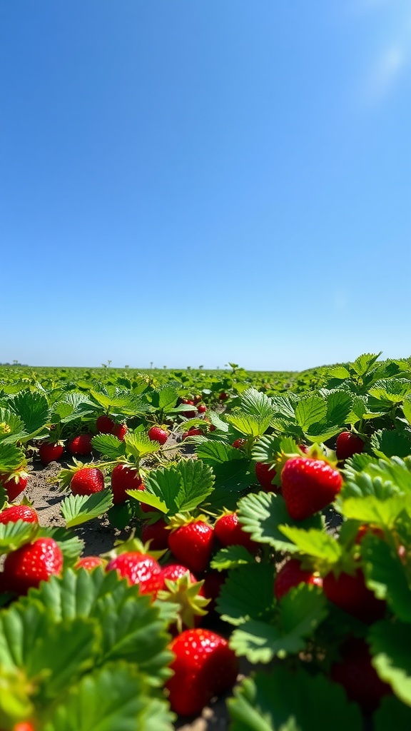 A field of ripe strawberries under a sunny blue sky.