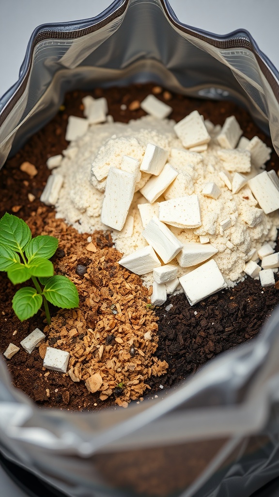 A grow bag filled with a layered soil mixture, including compost, potting soil, and a young plant.