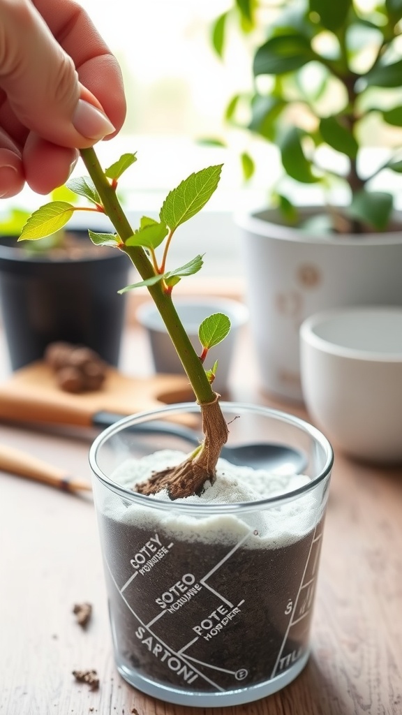 A hand holding a Money Tree cutting, dipping the cut end into rooting hormone above a container with soil