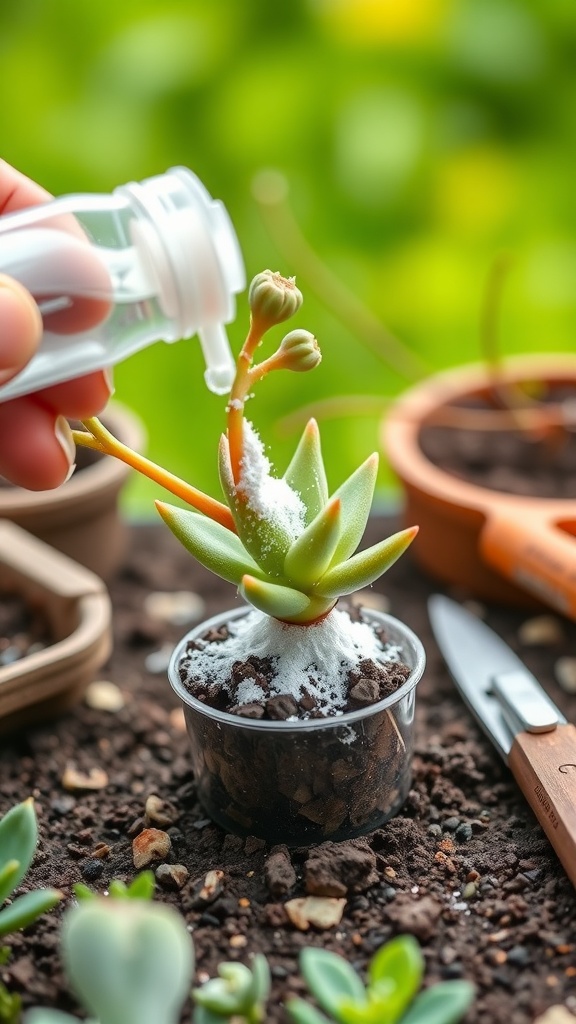 A person applying rooting hormone to the cut end of a succulent cutting in a small pot.