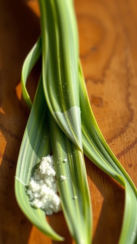 Green snake plant leaves with rooting hormone on a wooden surface.