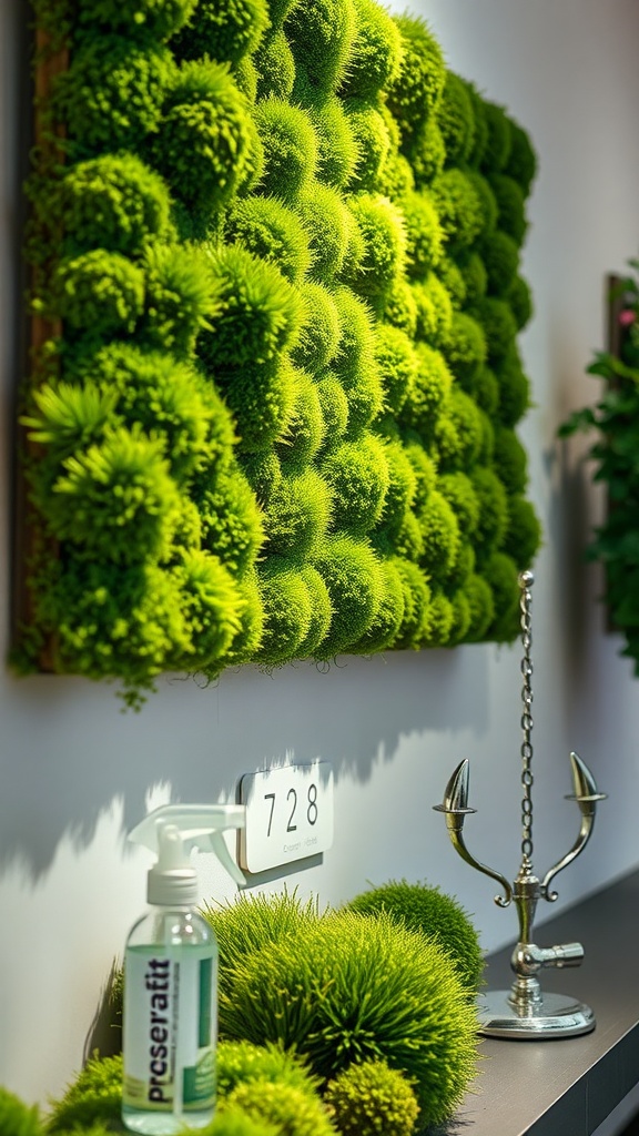 A close-up of a vibrant moss wall art with a spray bottle of preservative next to it.