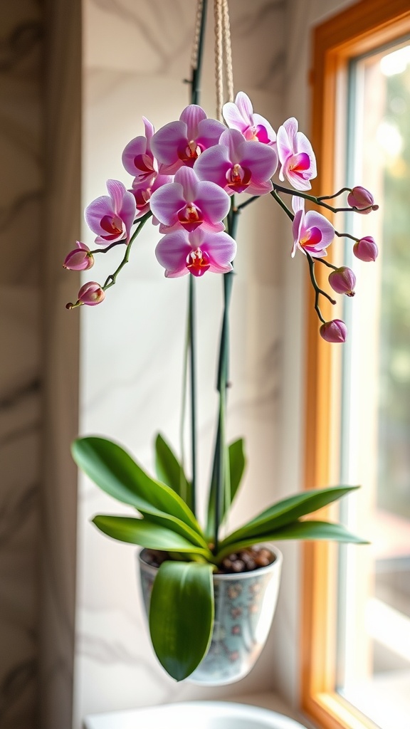 Hanging Phalaenopsis orchid with pink flowers near a window