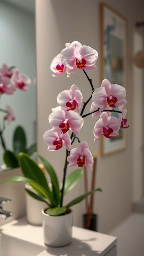 A beautiful orchid plant with pink flowers and green leaves in a bathroom setting.