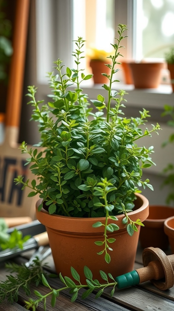 Lush oregano plant in a terracotta pot with gardening tools nearby.