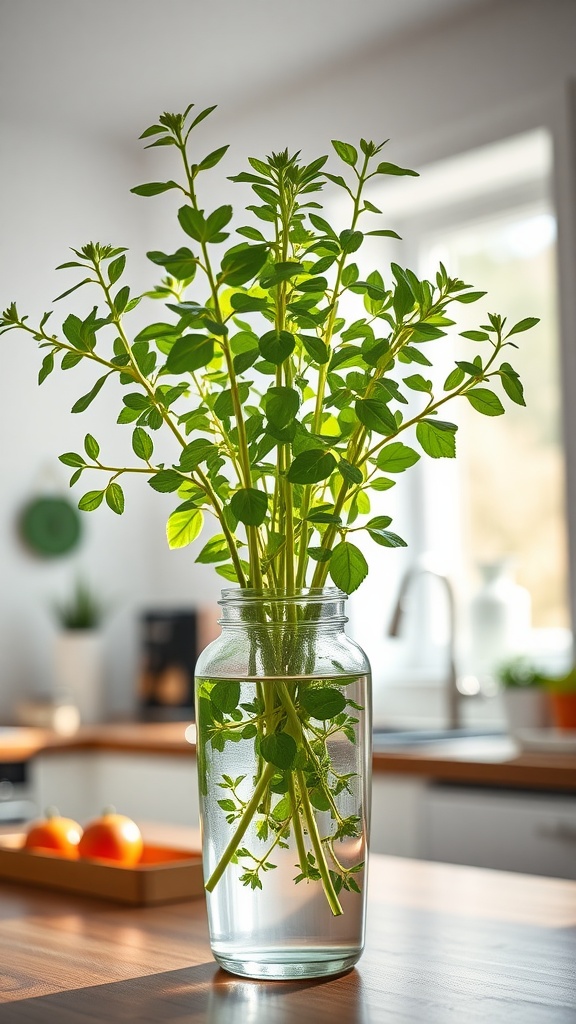 Fresh oregano stems in a clear vase filled with water on a kitchen counter.