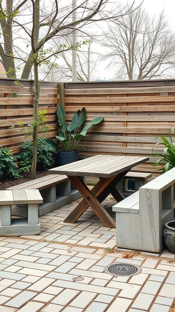 Outdoor seating area featuring cinder block benches and a wooden table surrounded by plants.