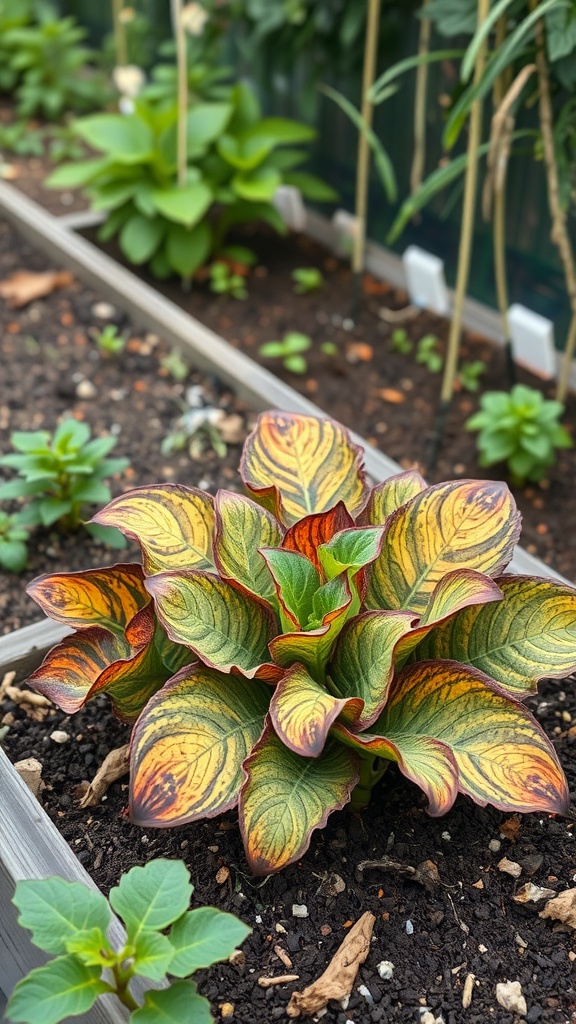 Vibrant plants in a raised vegetable garden, illustrating healthy growth.