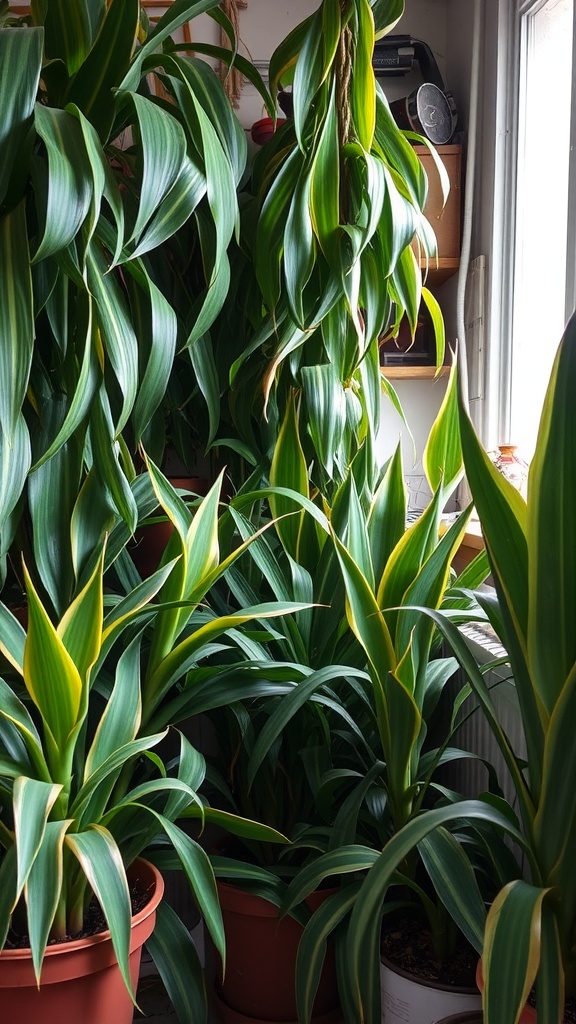 A collection of snake plants densely arranged in pots, showing lush green leaves.