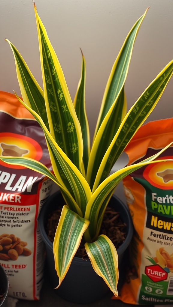 A healthy snake plant next to fertilizer bags, indicating the topic of plant care.