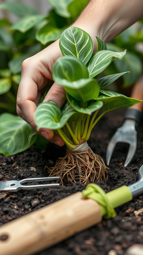 A hand gently handling a Pothos cutting with visible roots in soil, surrounded by gardening tools.