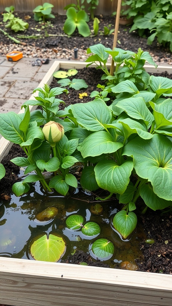 A raised vegetable garden with excess water pooling around the plants, indicating overwatering issues.