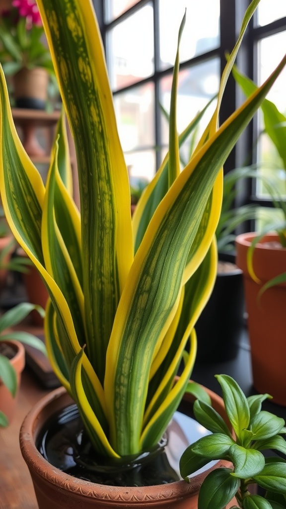 A healthy snake plant with vibrant green and yellow leaves in a pot, indicating good care.