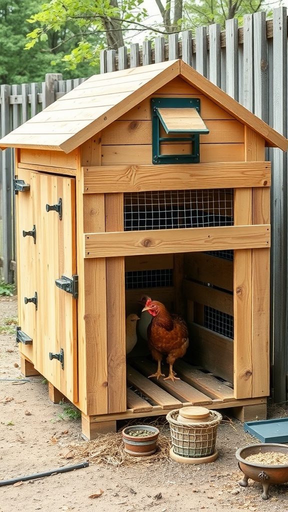 A rustic wooden chicken coop with two chickens in the entrance.