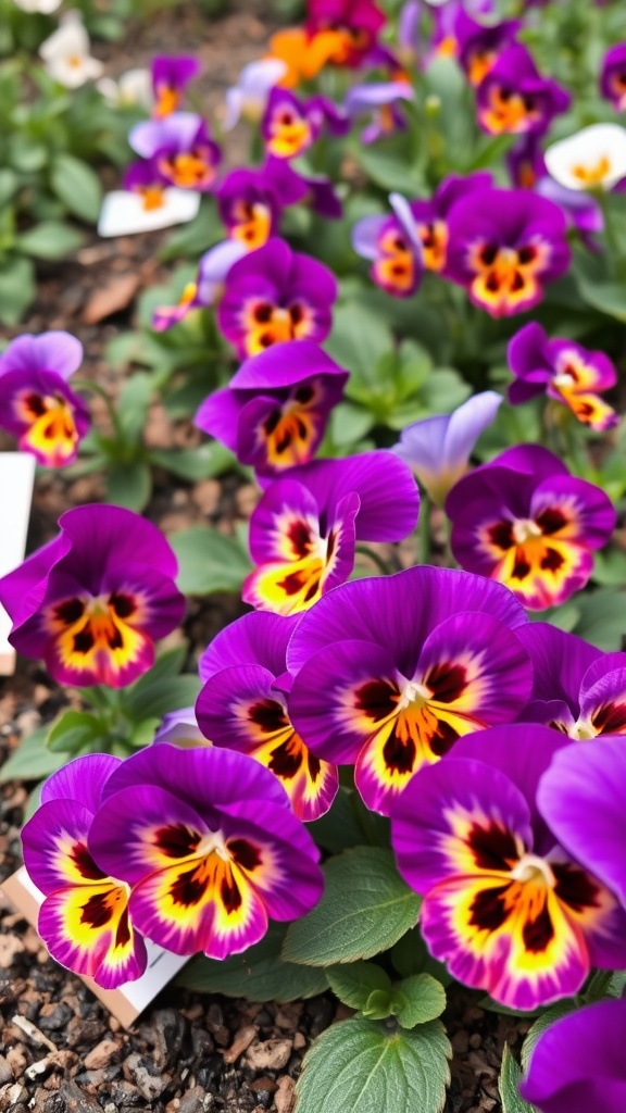 Vibrant pansy flowers with purple and yellow colors in a garden setting.
