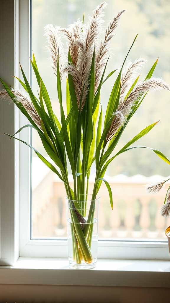 A tall papyrus plant in a clear vase on a windowsill, showcasing its feathery tufts and green stalks.