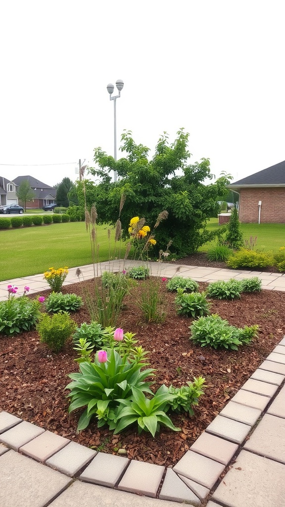 A garden bed framed with paver stone edging, featuring colorful flowers and shrubs.