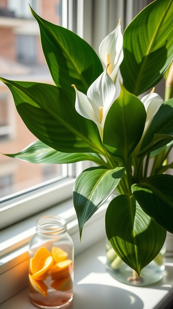 A Peace Lily with large green leaves and white flowers, sitting on a windowsill next to a jar with orange slices.