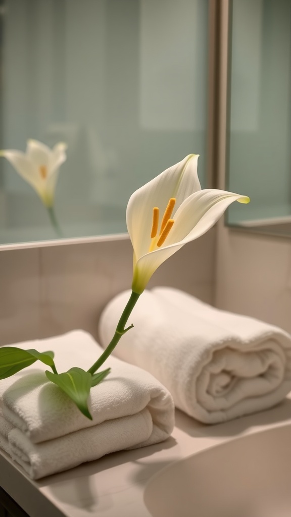 A peace lily flower on rolled towels in a bathroom setting, reflecting tranquility.