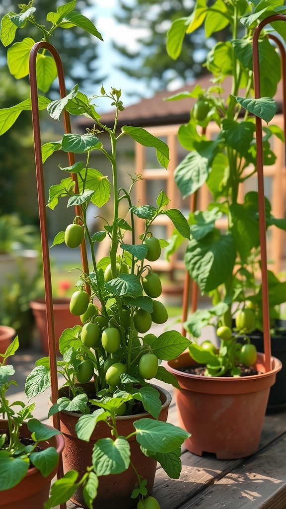 Container garden with pea plants supported by stakes, showcasing green pods and lush leaves in pots.