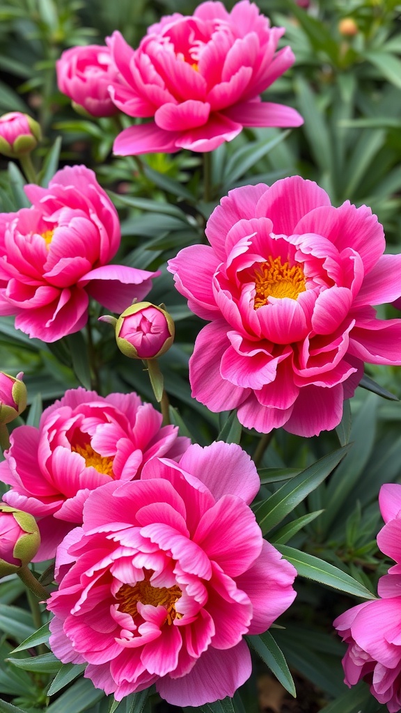 A close-up view of vibrant pink peonies in bloom, showcasing their lush petals and greenery.