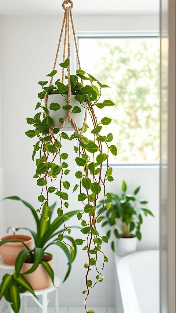 Hanging Peperomia plant in a bathroom setting