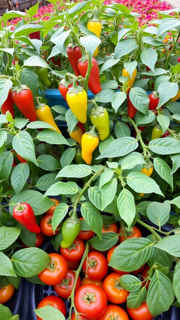 A colorful display of ripe red, yellow, and green peppers on their plants.