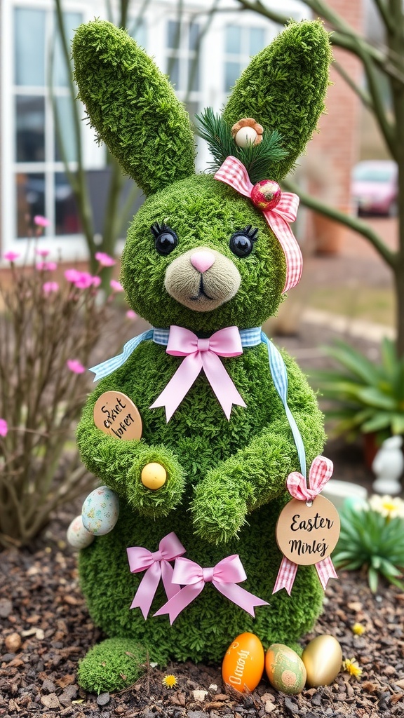 A vibrant, green topiary shaped like a bunny, adorned with ribbons, decorations, and colorful Easter eggs.