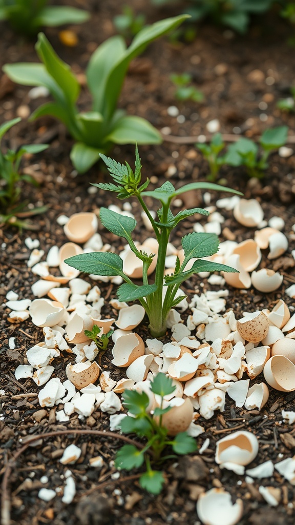 Image showing a young plant surrounded by crushed eggshells in soil