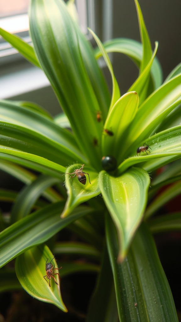 Close-up of a spider plant with small bugs on the leaves.