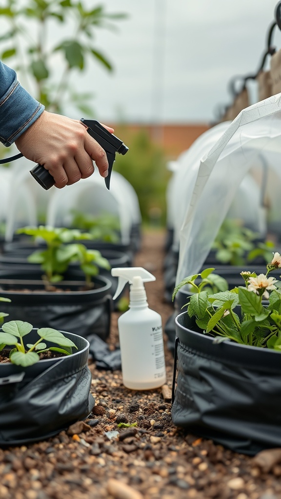 A person spraying plants in grow bags with a spray bottle