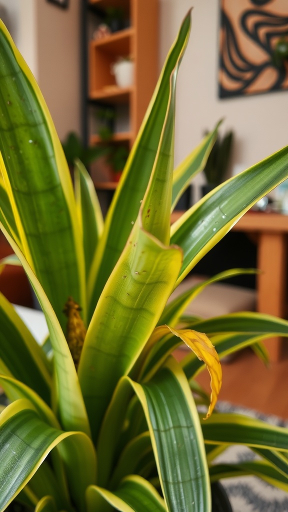 A close-up of a snake plant with yellowing leaves, indicating possible pest or disease issues.