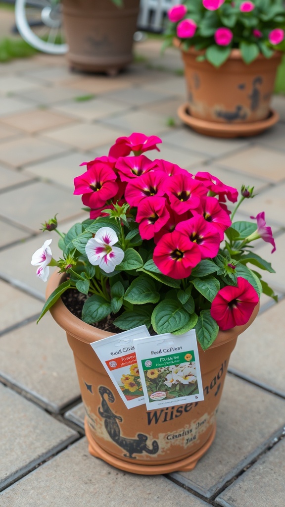 Vibrant pink and white petunias in a terracotta pot with seed packets next to them.