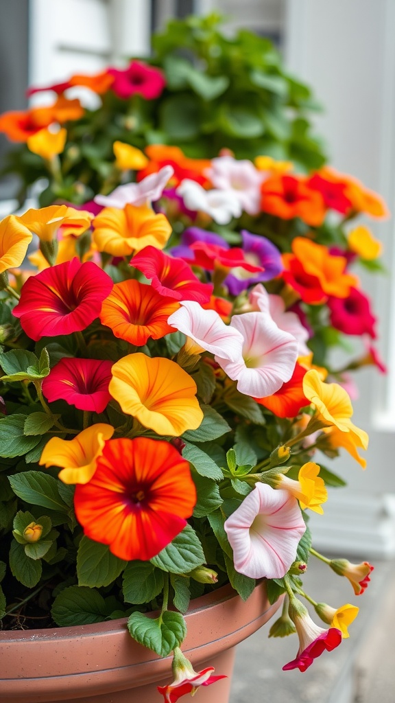 Colorful petunias in a large planter on a porch